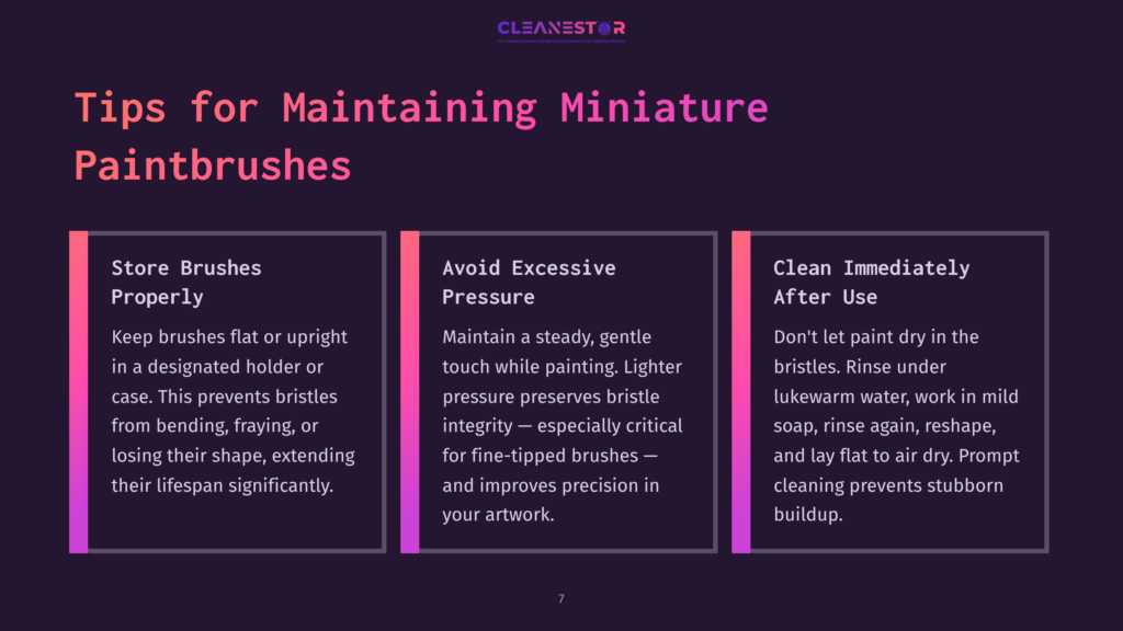 Three Colored Sections On A Dark Purple Background, Presenting Tips On Maintaining Miniature Paintbrushes With Icons And Bullet Points.