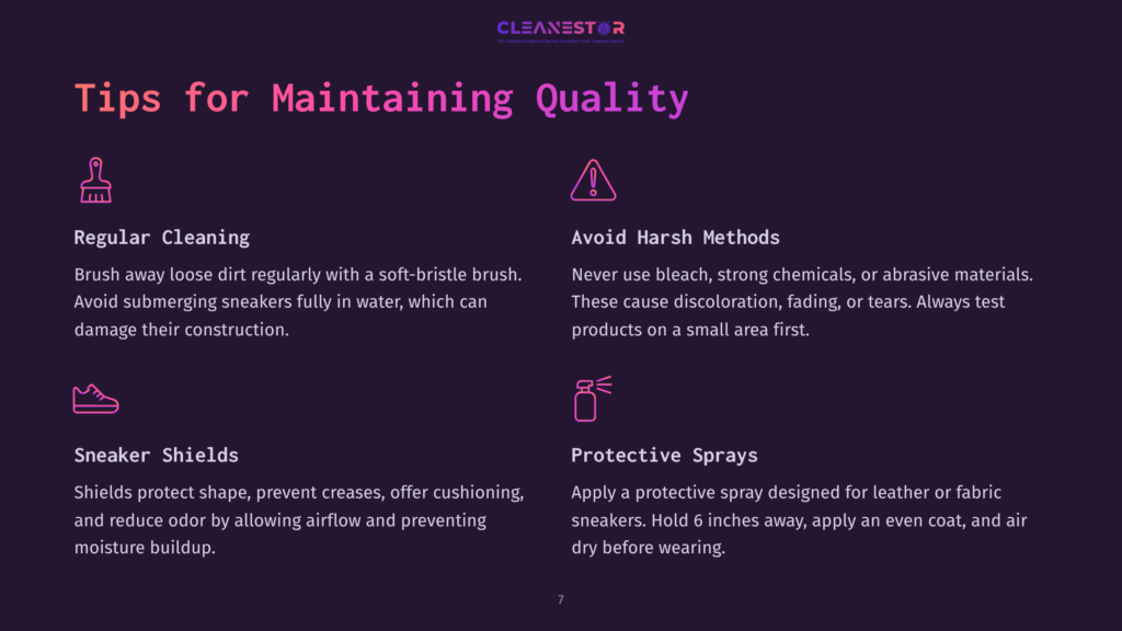Text On A Dark Background Highlights Sneaker Care Tips, Featuring Headings In Pink And Icons For Caution. Key Points Include Cleaning, Maintenance, And Protection.