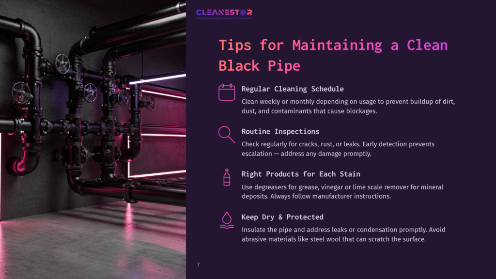 Dark Industrial Pipes With Maintenance Tips, Featuring Purple And White Text On A Contrasting Background, Emphasizing Cleaning And Inspection.
