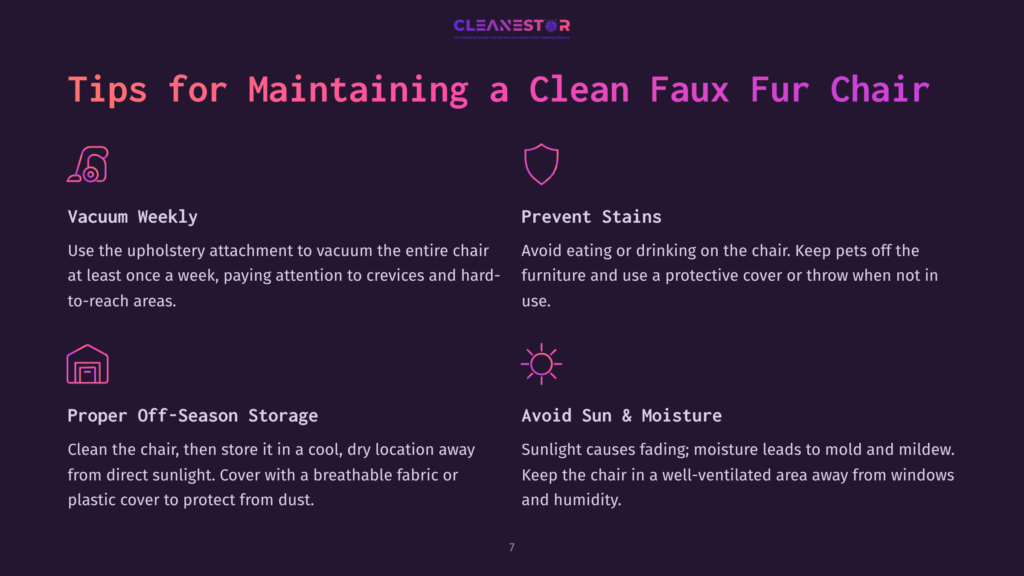 Graphic With Tips For Maintaining A Clean Faux Fur Chair, Featuring Purple And Pink Text On A Dark Background And Icons For Vacuuming, Stains, Storage, And Sun.