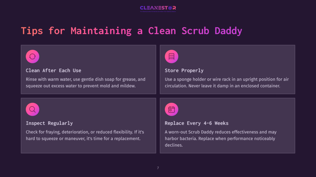 Infographic With Tips For Maintaining A Clean Scrub Daddy: Clean After Each Use, Store Properly, Inspect Regularly, And Replace Every 4-6 Weeks. The Scrub Daddy Logo Is At The Top.