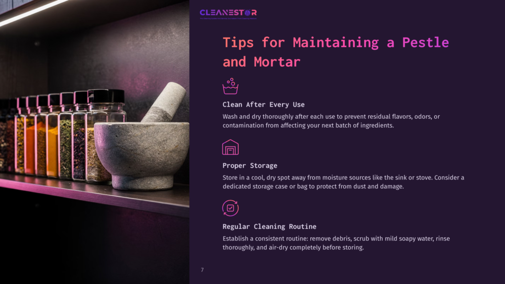 A Grey Stone Pestle And Mortar On A Shelf Alongside Colorful Jars Of Spices, With Cleaning Tips Displayed In A Purple And White Layout.