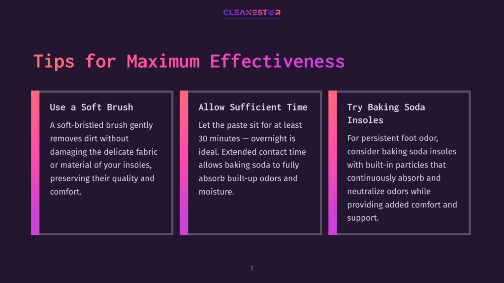 Infographic With Three Panels Titled &Quot;Use A Soft Brush,&Quot; &Quot;Allow Sufficient Time,&Quot; And &Quot;Try Baking Soda Insoles,&Quot; Offering Tips For Maximum Effectiveness In Cleaning Or Deodorizing Insoles, With The Cleanestor Logo At The Top.