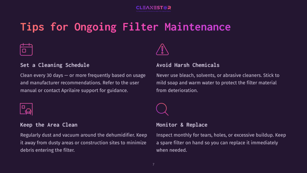 7 Tips For Ongoing Filter Maintenance Text On A Dark Background With Purple Accents, Outlining Tips For Ongoing Filter Maintenance, Including Scheduling, Cleaning, And Monitoring Advice.