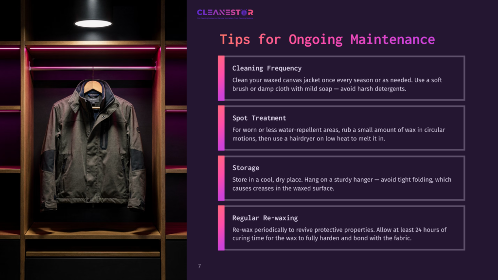 A Waxed Canvas Jacket Hangs On A Hanger In A Closet With Purple Led Lighting. The Image Features Text: &Quot;Cleanestor&Quot;, &Quot;Tips For Ongoing Maintenance&Quot;, &Quot;Cleaning Frequency&Quot;, &Quot;Spot Treatment&Quot;, &Quot;Storage&Quot;, And &Quot;Regular Re-Waxing&Quot;.
