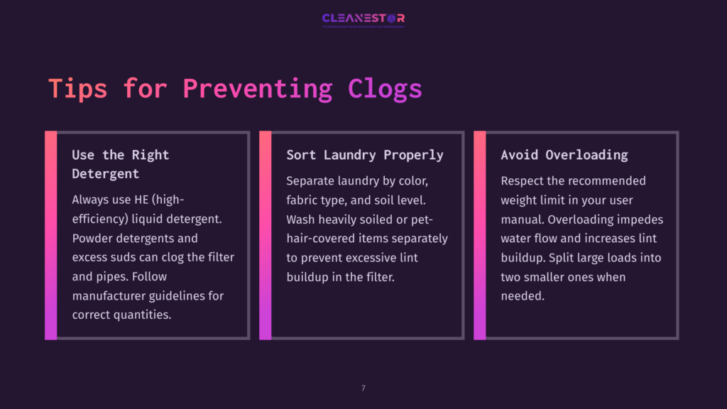 Text Displayed On A Dark Background, With Tips For Preventing Washer Clogs Using White And Pink Headings And Bullet Points.