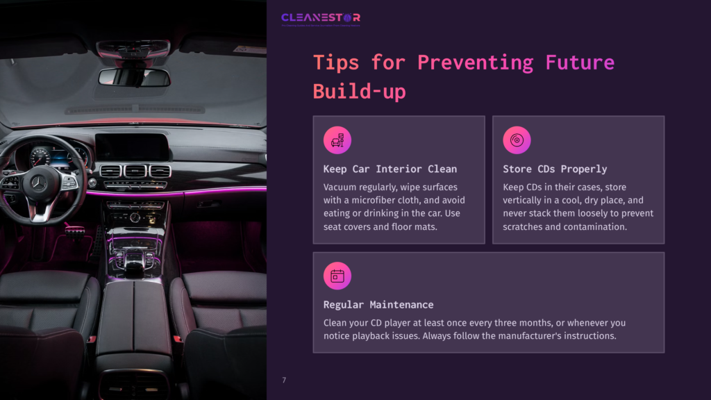 7 Tips For Preventing Future Build Up A Car Interior Featuring A Dashboard And Front Seats In Dark Tones, Accented With Purple Lighting, Alongside Tips For Maintaining A Cd Player.