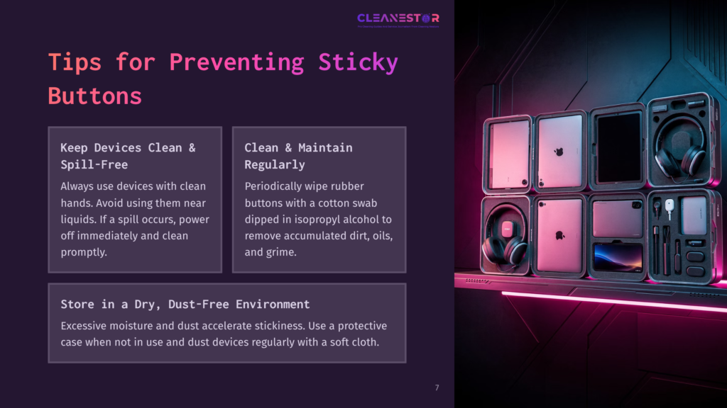 7 Tips For Preventing Sticky Buttons A Visually Appealing Layout With A Dark Purple Background, Featuring Tips On Cleaning Sticky Buttons Alongside Neat, Organized Product Storage In Silver Cubbies.