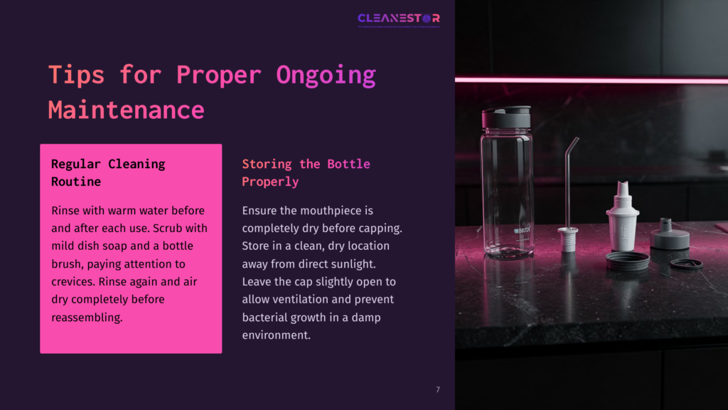 A Clear Water Bottle And Its Mouthpiece Are Displayed On A Dark Surface, Alongside Cleaning Supplies And Highlighted Text In Pink.