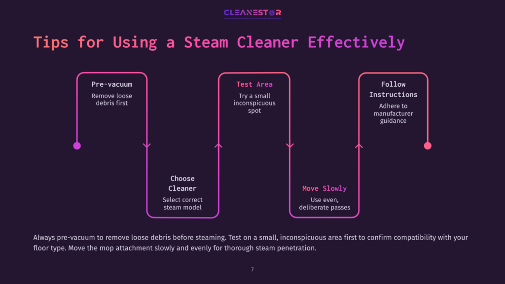 Flowchart With Dark Background Featuring Steps For Using A Steam Cleaner: Pre-Vacuum, Test Area, Choose Cleaner, And Move Slowly, With Arrows Connecting Each Step.