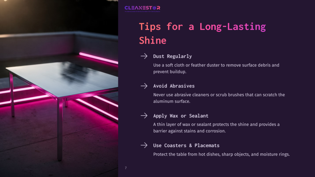 A Metallic Aluminum Table With A Pink And Purple Neon Light Backdrop, Accompanied By Bullet Points Outlining Cleaning Tips.