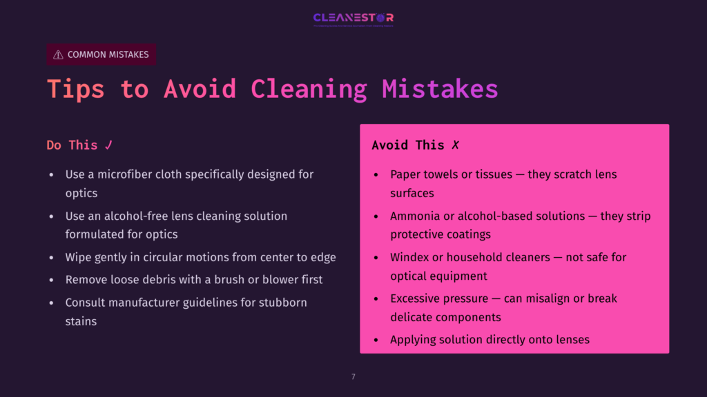 Text On A Dark Pink And Purple Background Outlines Tips For Cleaning Binoculars, With Sections Titled &Quot;Do This&Quot; And &Quot;Avoid This.&Quot;