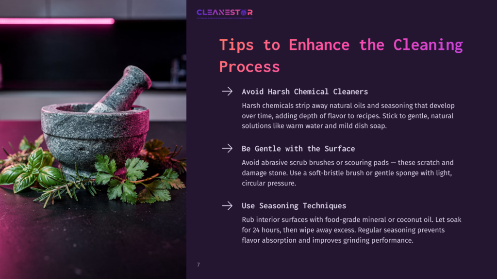 A Black Stone Mortar And Pestle Surrounded By Fresh Herbs, With Text Detailing Cleaning Tips On A Dark Background.