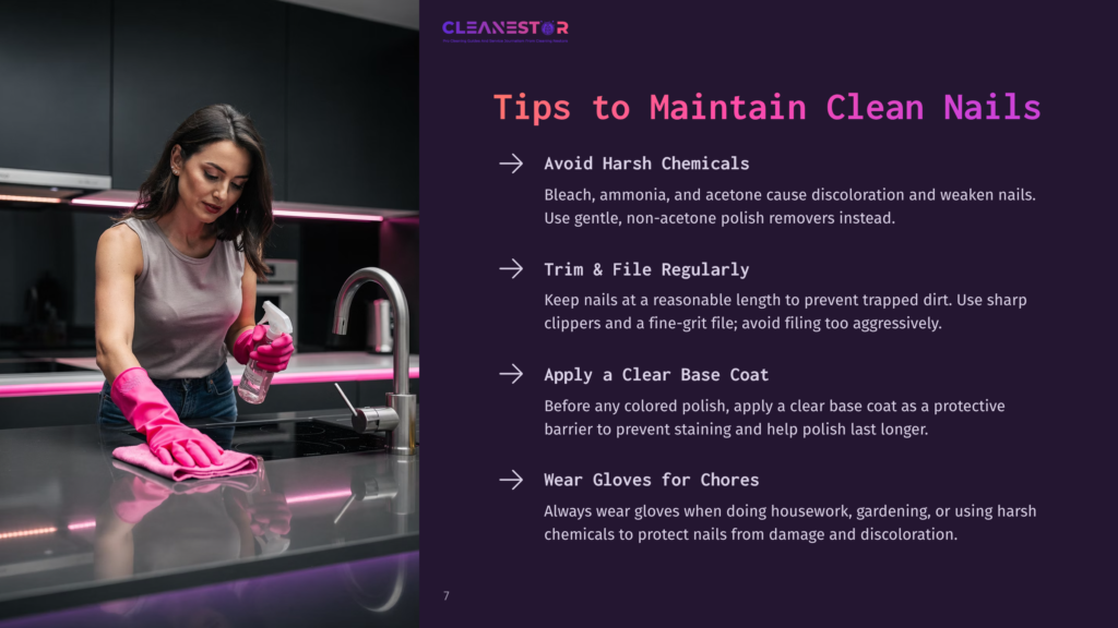 7 Tips To Maintain Clean Nails A Woman In Pink Gloves Cleans A Kitchen Counter With A Pink Cloth And Spray Bottle, With Cleanestor Text Visible.