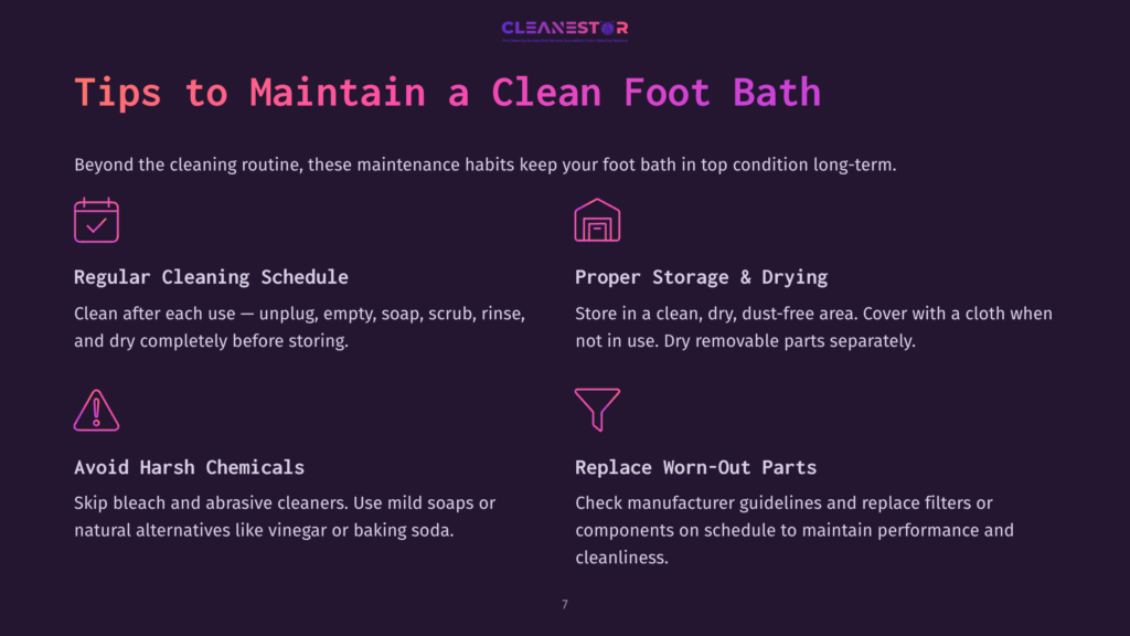 Graphic With A Dark Purple Background Listing Tips In White And Pink Text For Maintaining A Clean Foot Bath, Featuring Bullet Points And Icons.