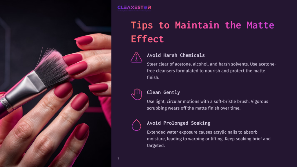 Close-Up Of A Woman'S Hands With Bright Pink Matte Nail Polish, Holding A Fluffy Makeup Brush. Text On The Right Side Of The Image Provides Tips For Maintaining Matte Finishes.