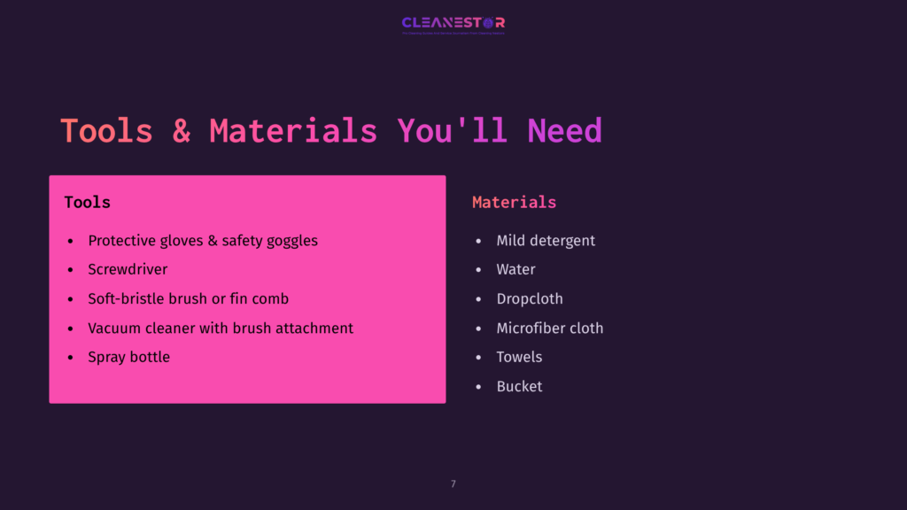 Tools And Materials Listed On A Dark Background, Featuring A Bright Pink Box For Tools And Bullet Points For Items Needed For Cleaning.