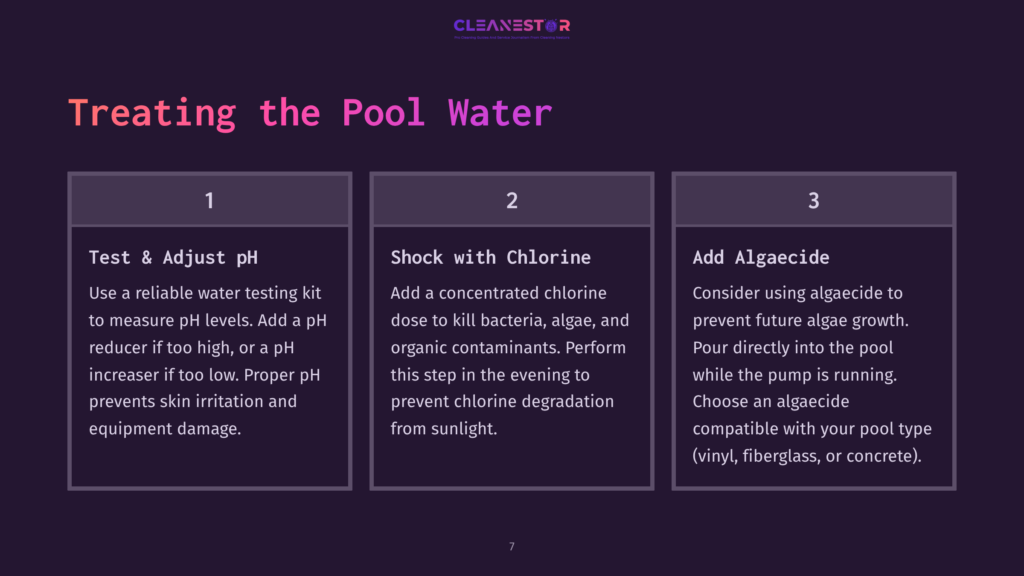 Three Step-By-Step Instructions On Pool Cleaning: Testing Ph, Shocking With Chlorine, And Adding Algaecide, With Purple Background.