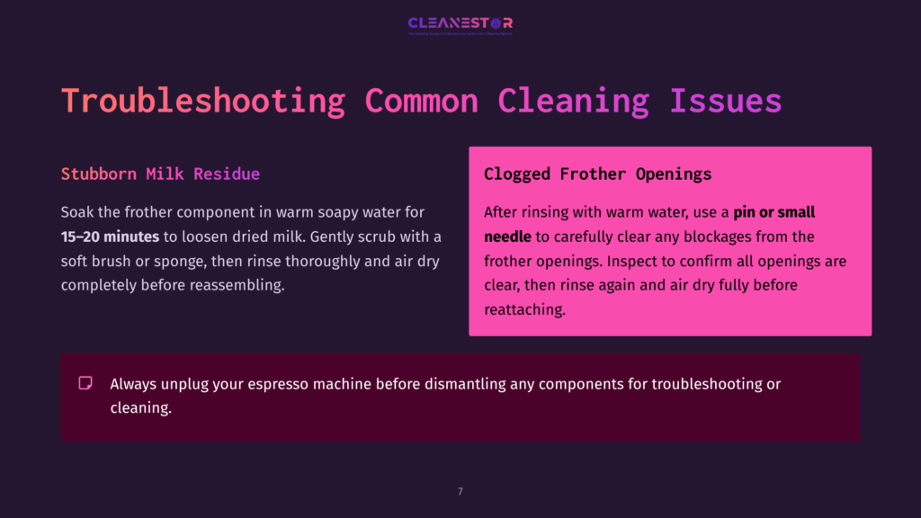 Graphic With A Purple Background Featuring Cleaning Instructions For A Milk Frother, Highlighting Issues Like Stubborn Milk Residue And Clogged Openings.