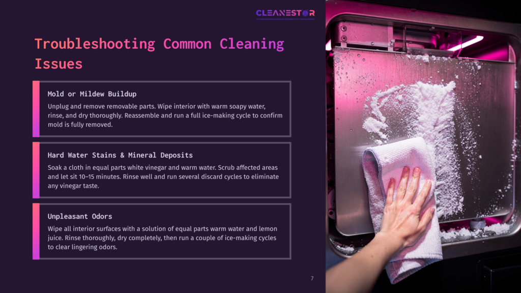 A Cleaning Guide Featuring A Hand Holding A Cloth, With A Close-Up Of An Euhomy Ice Maker'S Interior, Showing Soap And Water Splashes.