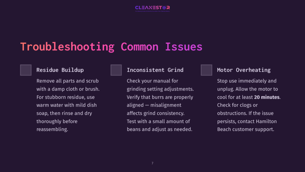 Purple Background With White Text Outlining Troubleshooting Tips For Coffee Grinder Issues, Including Residue Buildup, Grind Consistency, And Motor Overheating.