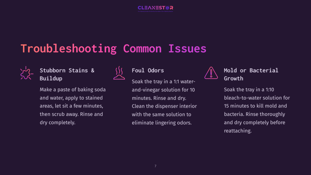 Troubleshooting Common Issues: Stubborn Stains, Foul Odors, And Mold Or Bacterial Growth. Each Section Offers Solutions Like Baking Soda Paste, Vinegar Solutions, And Bleach-To-Water Mixtures For Cleaning.