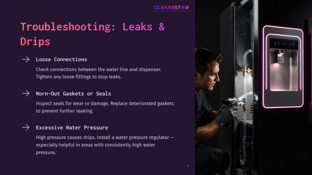 Troubleshooting Leaks And Drips With Cleanestor: A Technician Inspects A Water Dispenser'S Plumbing, Checking For Loose Connections And Worn-Out Gaskets. The Image Highlights The Importance Of Proper Maintenance For Preventing Water Leaks.