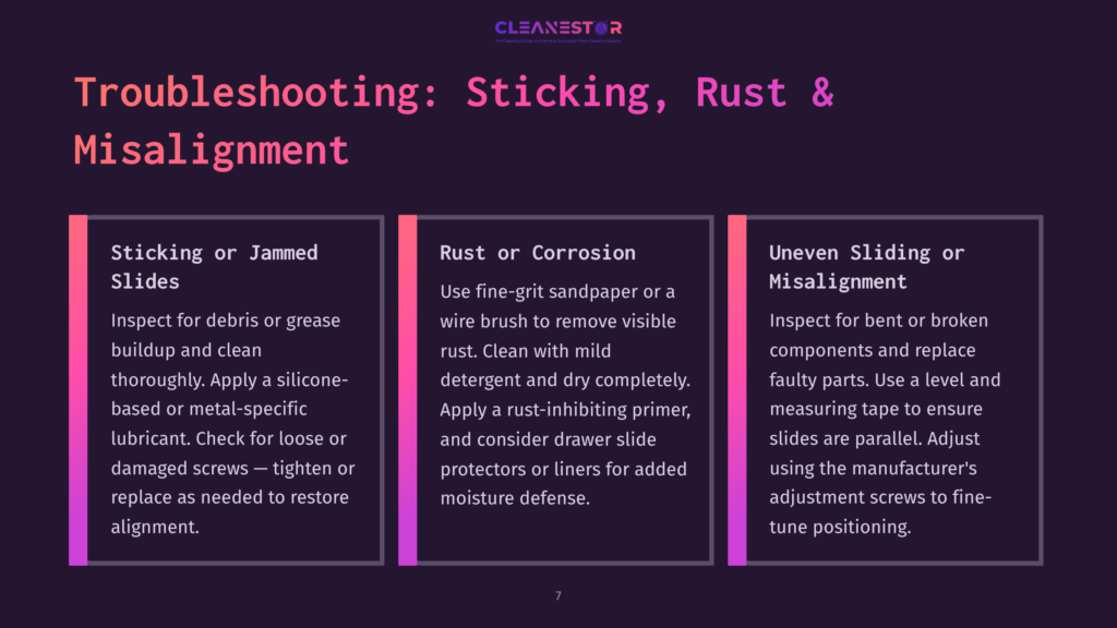 Troubleshooting Guide For Sticking, Rust, And Misalignment Of Drawer Slides. Three Columns Detail Solutions For Sticking/Jammed Slides, Rust/Corrosion, And Uneven Sliding/Misalignment.