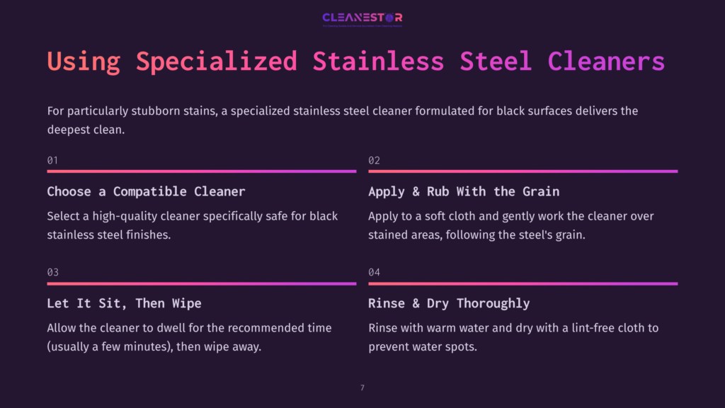 7 Using Specialized Stainless Steel Cleaners Instructions For Using Specialized Stainless Steel Cleaners On Black Surfaces: Choose A Compatible Cleaner, Apply And Rub With The Grain, Let It Sit And Then Wipe, Rinse And Dry Thoroughly.