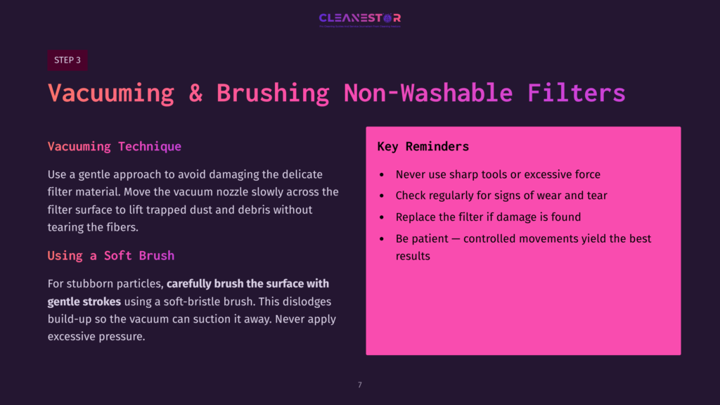 Illustration Showing A Vacuum And Brush Technique For Cleaning Non-Washable Air Purifier Filters, With Key Reminders In Pink Box.