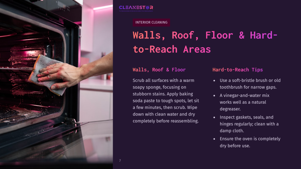 Person Cleaning Oven Interior With A Cloth, Showing The Inside Of A Commercial Oven With Racks And A Red Glow. Text On The Right Side Discusses &Quot;Hard-To-Reach Areas&Quot; For Cleaning.