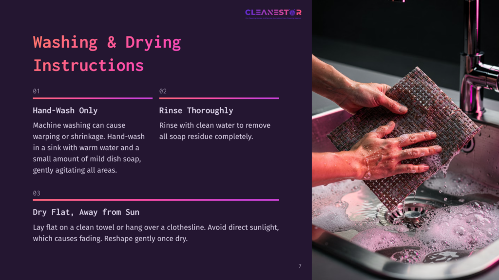 Hands Washing A Brown Woven Placemat In A Sink Full Of Soapy Water, With Cleaning Instructions Text Overlay.