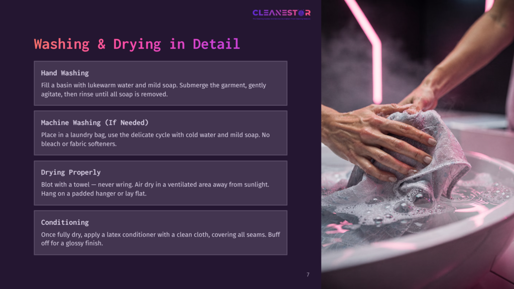 Close-Up Of Hands Gently Washing A Grey Garment In A Sink Filled With Soapy Water, With Instructions For Hand Washing, Machine Washing, Drying, And Conditioning Visible On The Left.