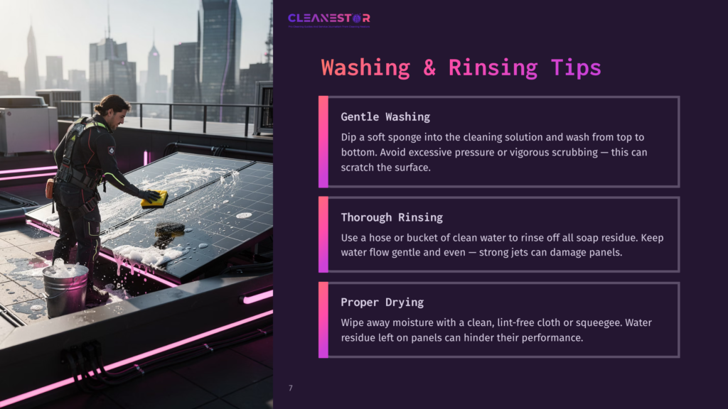 Cleanestor Washing And Rinsing Tips For Solar Panels: A Technician Gently Washes A Solar Panel On A Rooftop With A Yellow Sponge And Cleaning Solution, With City Buildings In The Background.