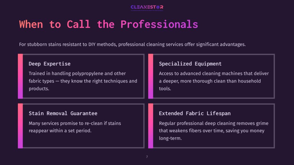 7 When To Call The Professionals Cleanestor Logo At The Top. Below, A Dark Purple Background Features A Large Headline &Quot;When To Call The Professionals&Quot; In White Text. Four Boxes With Colorful Gradients And White Text Highlight Benefits Of Professional Cleaning: Deep Expertise, Specialized Equipment, Stain Removal Guarantee, And Extended Fabric Lifespan.