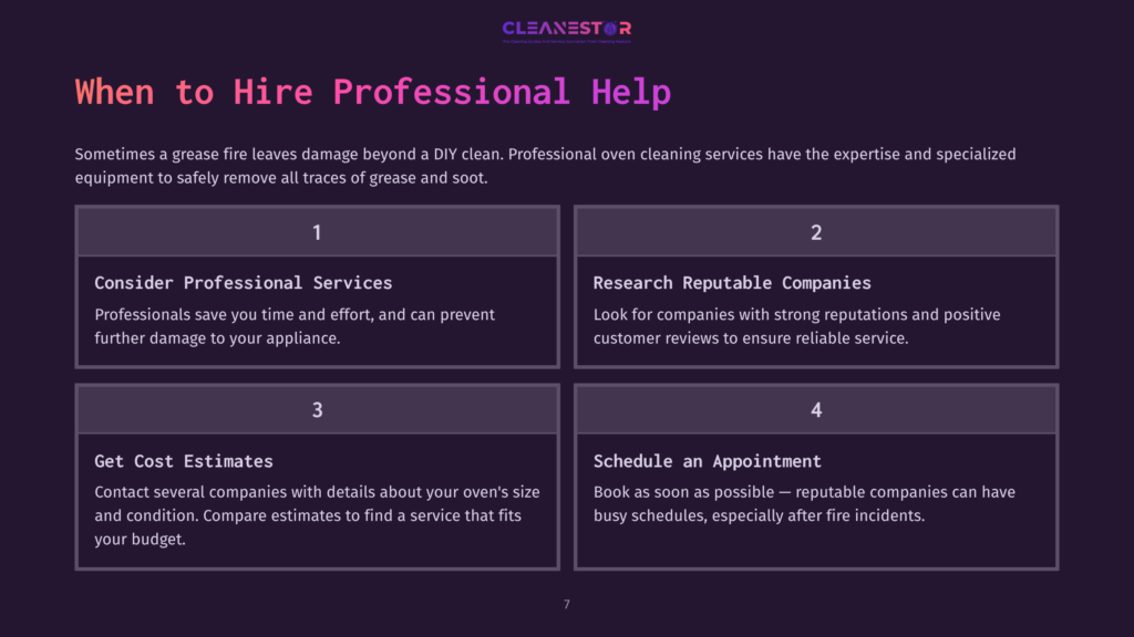 Cleanestor Infographic: When To Hire Professional Help. Four Steps: Consider Professional Services, Research Reputable Companies, Get Cost Estimates, Schedule An Appointment.