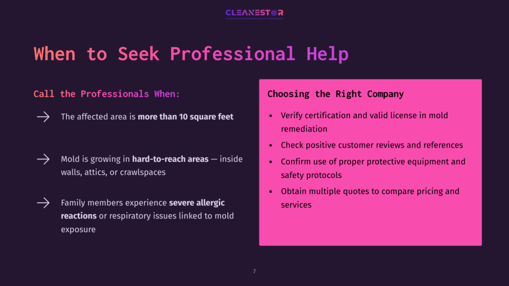 Bullet Points On A Dark Background Detailing When To Seek Professional Help For Mold Removal, With A Pink Header And White Text.