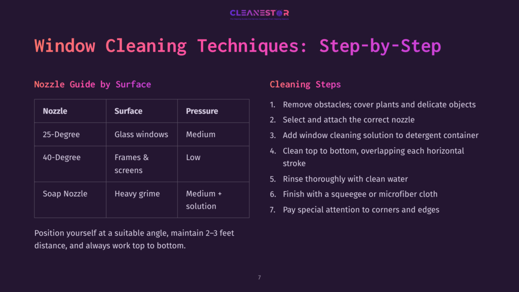A Dark Background With A Purple Gradient Features The Text &Quot;Cleanestor&Quot; At The Top. Below It, A Title Reads &Quot;Window Cleaning Techniques: Step-By-Step&Quot; In Large, Bold White Letters. A Table Outlines Nozzle Types, Surfaces, And Pressure For Window Cleaning, With A List Of Cleaning Steps On The Right.