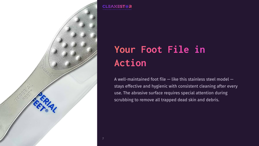 Close-Up Of A Stainless Steel Foot File With A Textured Abrasive Surface, Set Against A White Background With Purple Text.