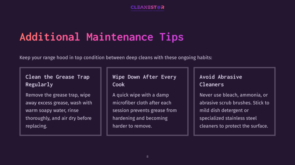 Text On A Dark Purple Background Outlines Maintenance Tips For A Stainless Steel Range Hood, With A Clean, Modern Layout.