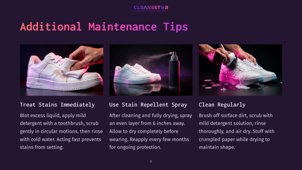 8 Additional Maintenance Tips 3 Three Panels Showing How To Clean White Sneakers: Spot Cleaning With A Cloth, Applying Stain Repellent Spray, And Drying With Paper. Text Reads: &Quot;Additional Maintenance Tips.