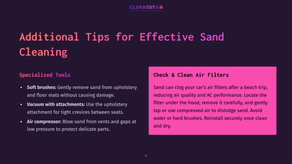 Text On A Dark Background With A Pink Box Outlining Tips For Cleaning Sand From A Car, Featuring Icons For Soft Brushes, Vacuum, And Air Compressor.