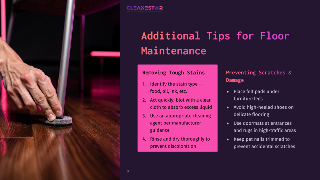 A Person Cleaning A Floor With A Cloth, With A Focus On Colorful Furniture And A Purple Background Highlighting Maintenance Tips.