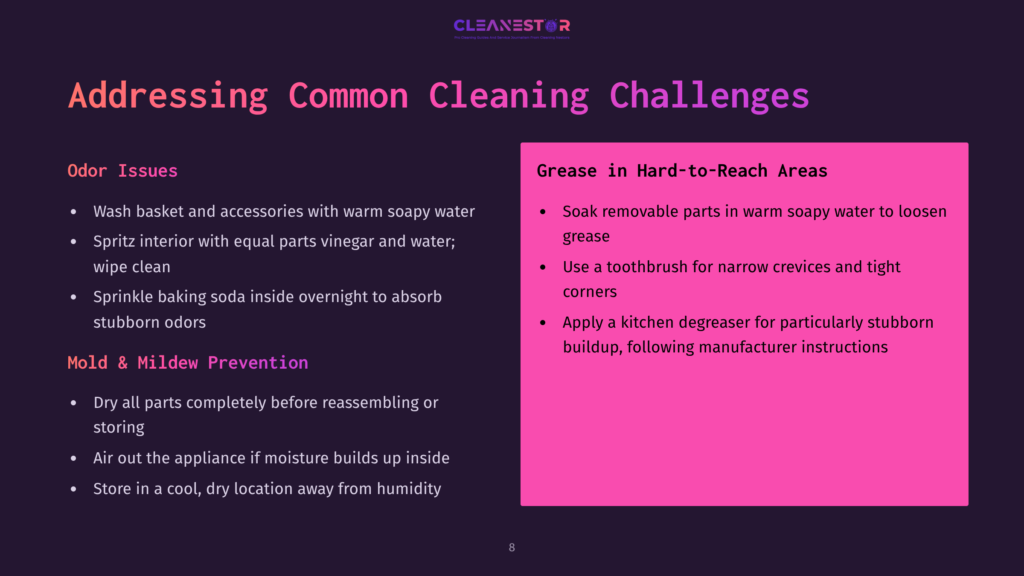 Cleanestor Presentation Slide Titled &Quot;Addressing Common Cleaning Challenges&Quot; With Sections On Odor Issues And Mold &Amp; Mildew Prevention, And Grease In Hard-To-Reach Areas.