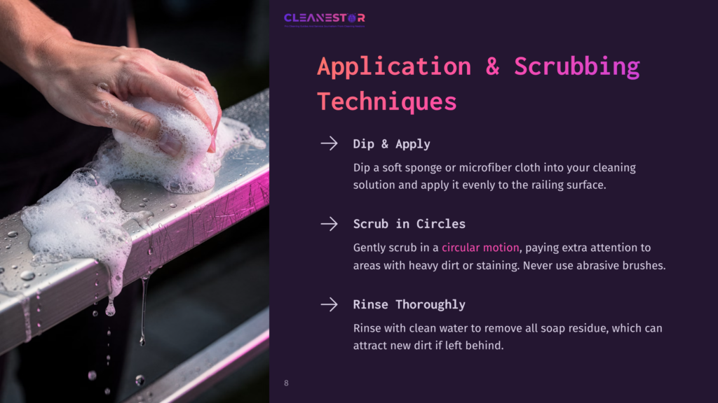 A Hand Scrubbing A Silver Aluminum Railing With A Soapy Sponge, Demonstrating Cleaning Techniques On A Dark Background.