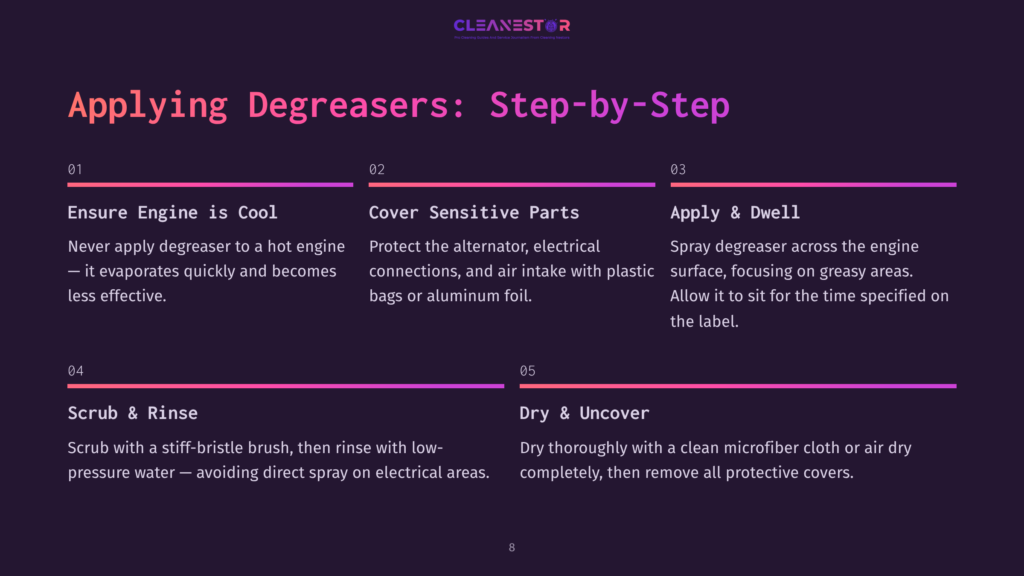 8 Applying Degreasers Step By Step Graphic Detailing The 5 Steps For Applying Degreasers: Ensure Engine Is Cool, Cover Sensitive Parts, Apply &Amp; Dwell, Scrub &Amp; Rinse, Dry &Amp; Uncover. The Steps Are Presented With Icons And Brief Instructions.
