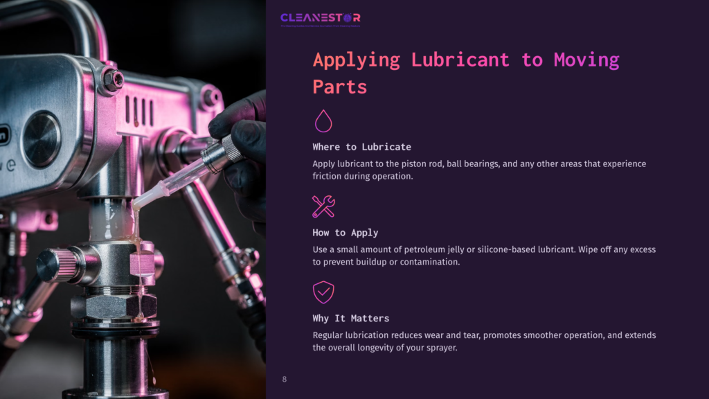 Close-Up Of An Airless Sprayer'S Piston With Lubrication Applied, Featuring Metallic Gray Tones And A Purple Background Detailing Instructions.