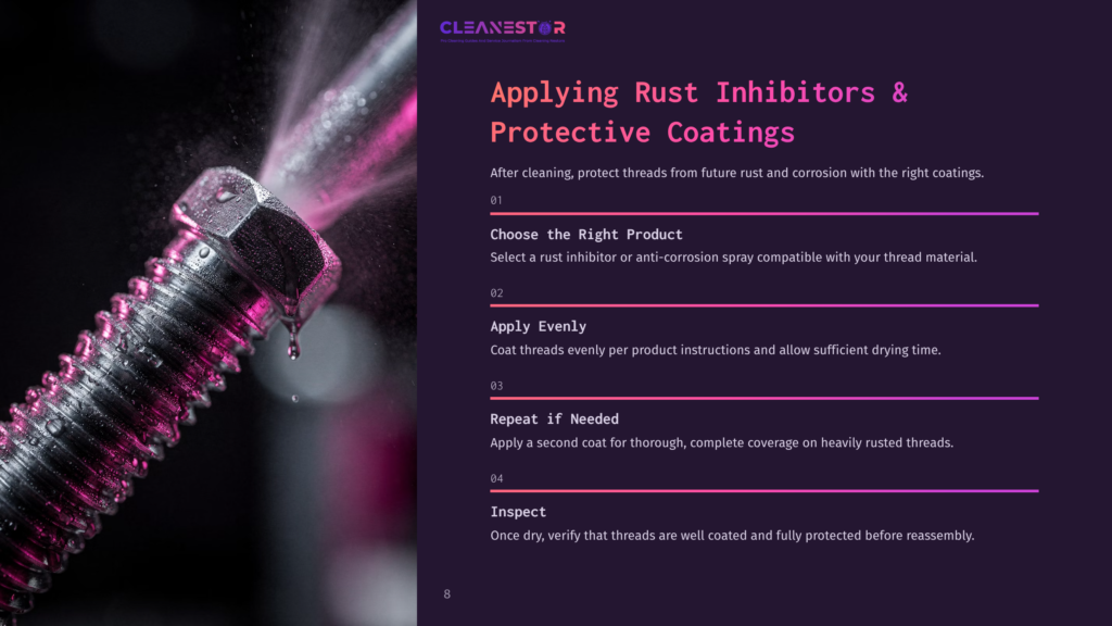 Close-Up Of A Metal Bolt Being Sprayed With A Rust Inhibitor Or Protective Coating, With Pink Liquid Splashing Around The Threads.