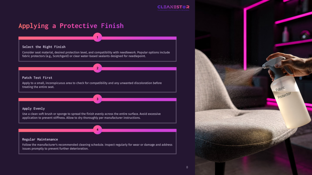 A Person Sprays A Protective Finish On A Needlepoint Chair Seat, With Stepwise Instructions And A Vibrant Pink And Purple Background.