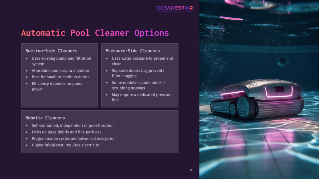 8 Automatic Pool Cleaner Options A Sleek, Robotic Pool Cleaner Rests On The Pool Floor, Surrounded By Clear Blue Water, With Vibrant Lighting Highlighting Its Design.